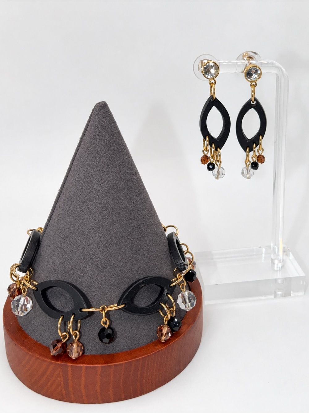 Swarovski Black, Clear & Brown Crystal Link Necklace and earrings Set